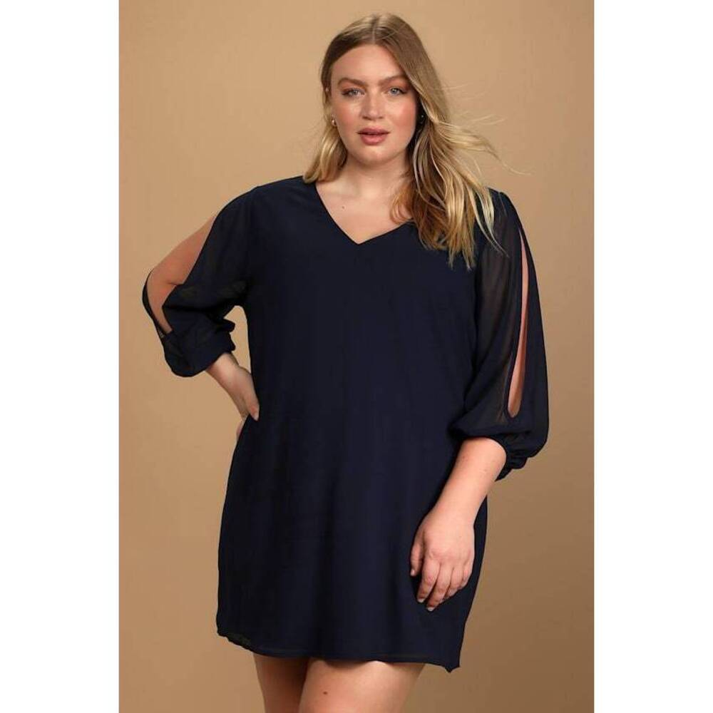 Lulus Shifting Dears Navy Blue Long Sleeve Dress - Size L